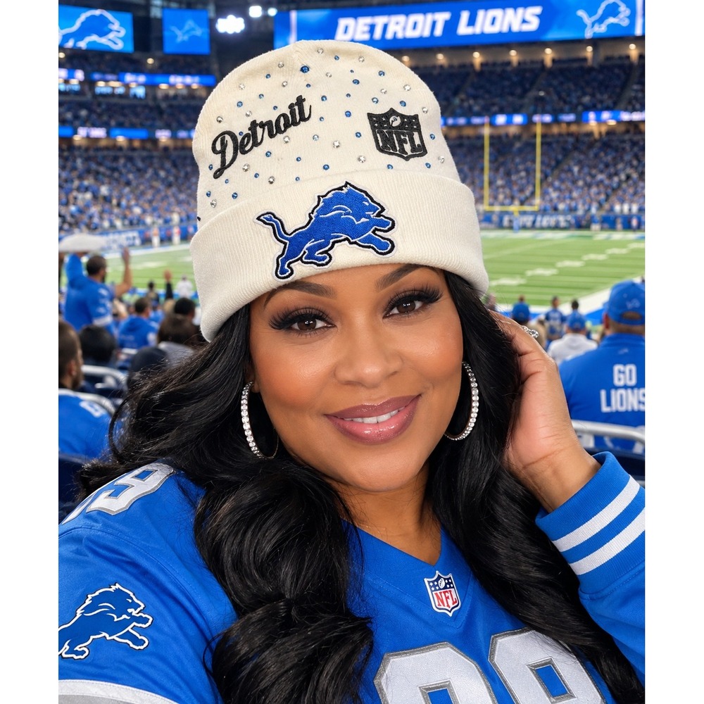 Detroit Lions NFL Rhinestone Knit Beanie White Blue Cuffed Winter Hat Logo Hat